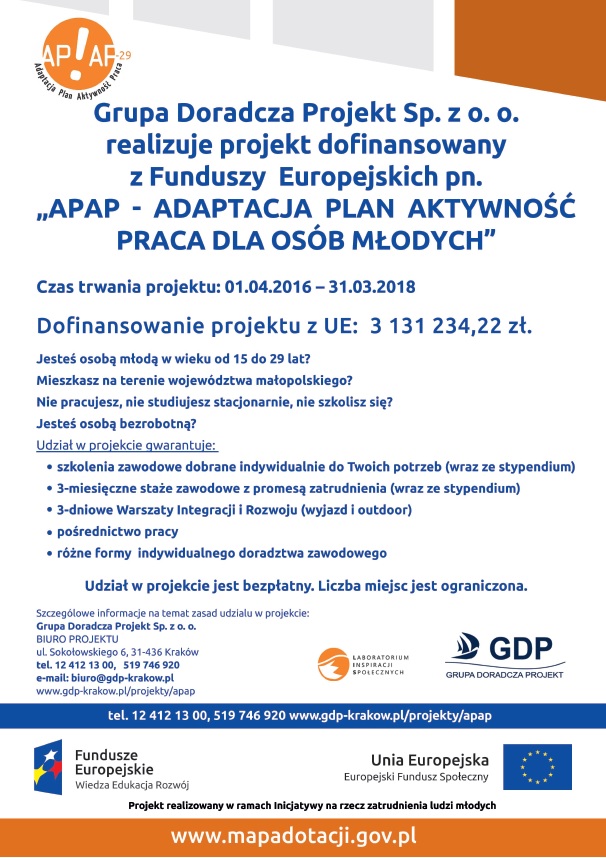 „APAP - ADAPTACJA PLAN AKTYWNOŚĆ PRACA dla osób młodych” w ramach Programu Operacyjnego Wiedza Edukacja Rozwój 2014-20
